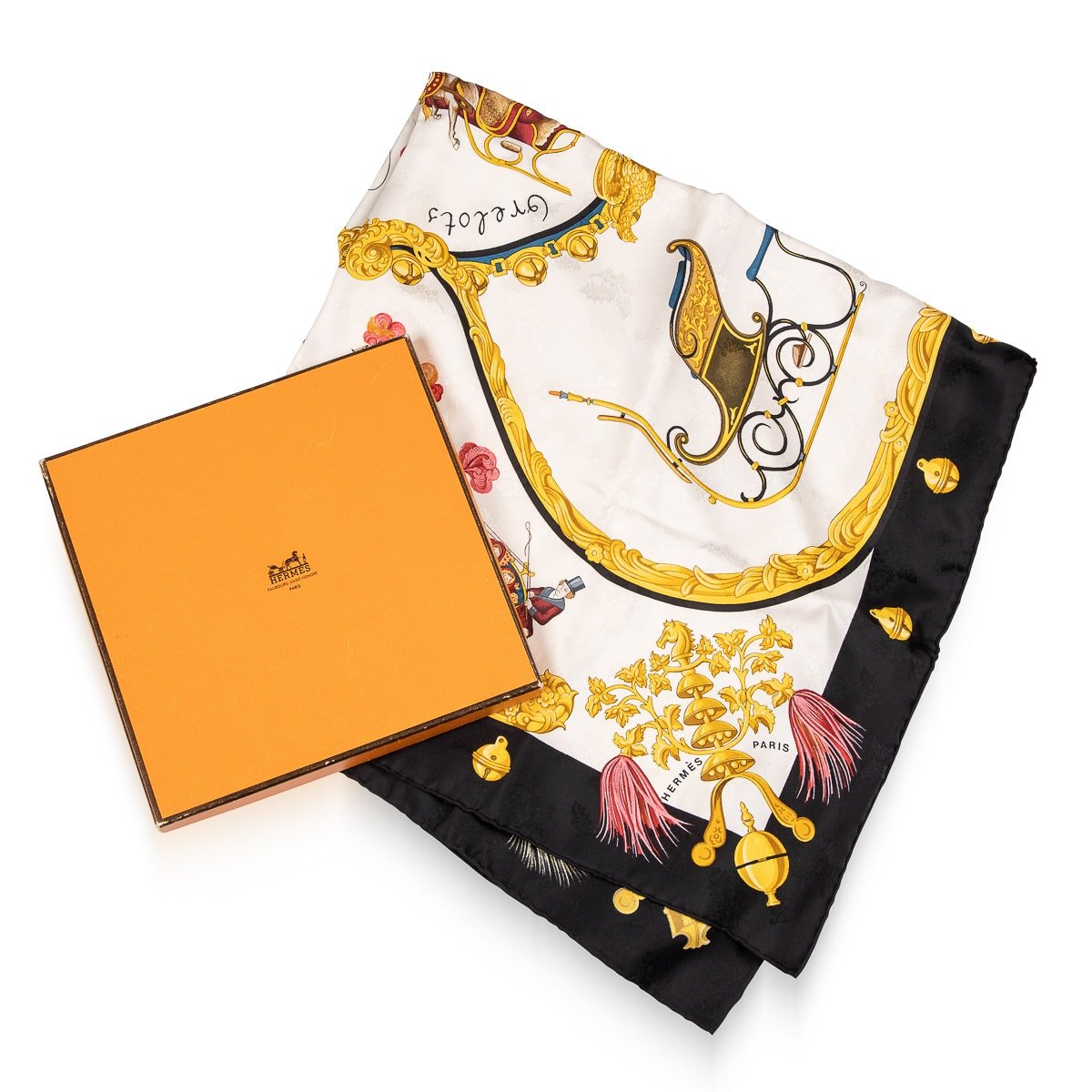 A SILK HERMES SCARF IN THE ORIGINAL BOX - OF RECENT PRODUCTION ...