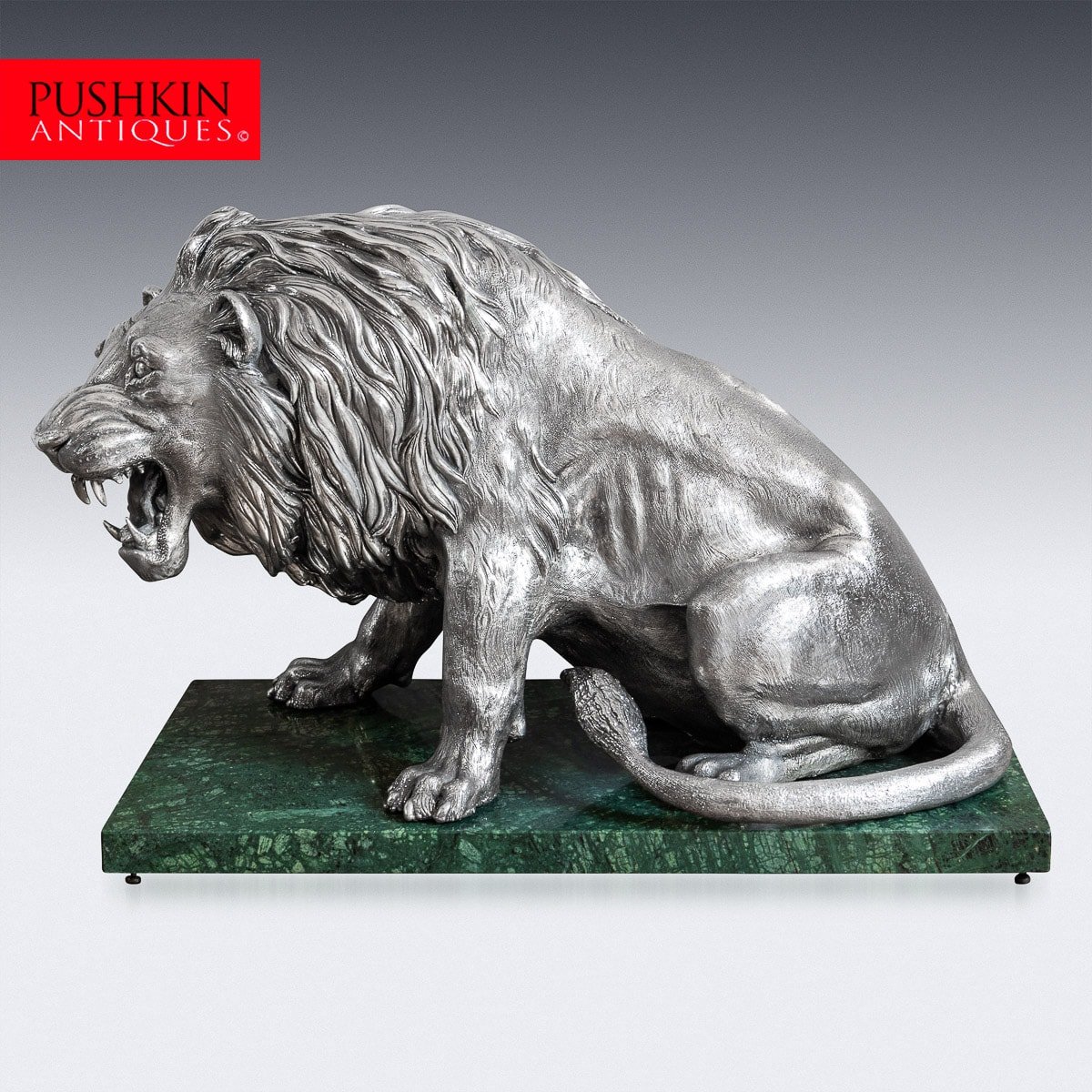 STUNNING 20thC ITALIAN SOLID SILVER STATUE OF A LION ON MARBLE BASE c ...