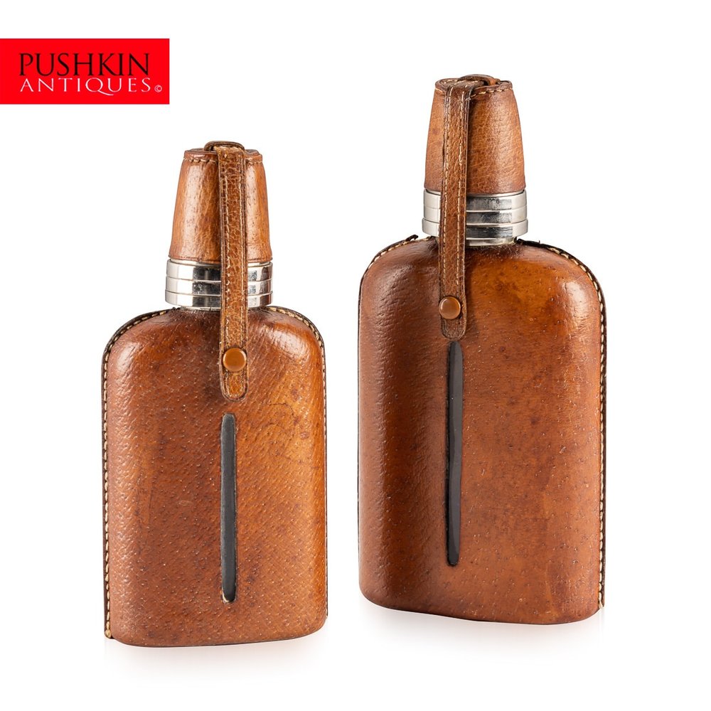ANTIQUE 20thC ENGLISH LEATHER BOUND HIS & HERS HIP FLASK SET c.1910 —  Pushkin Antiques