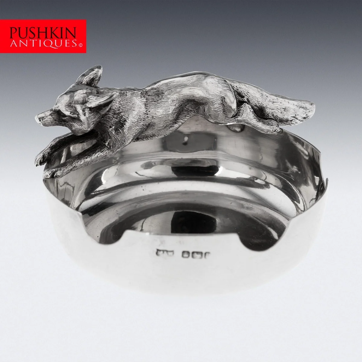 PUSHKIN ANTIQUES - SUPERB 20thC SOLID SILVER CIGAR ASHTRAY WITH FOX BY MAPPIN & WEBB c.1951 - 02.jpg