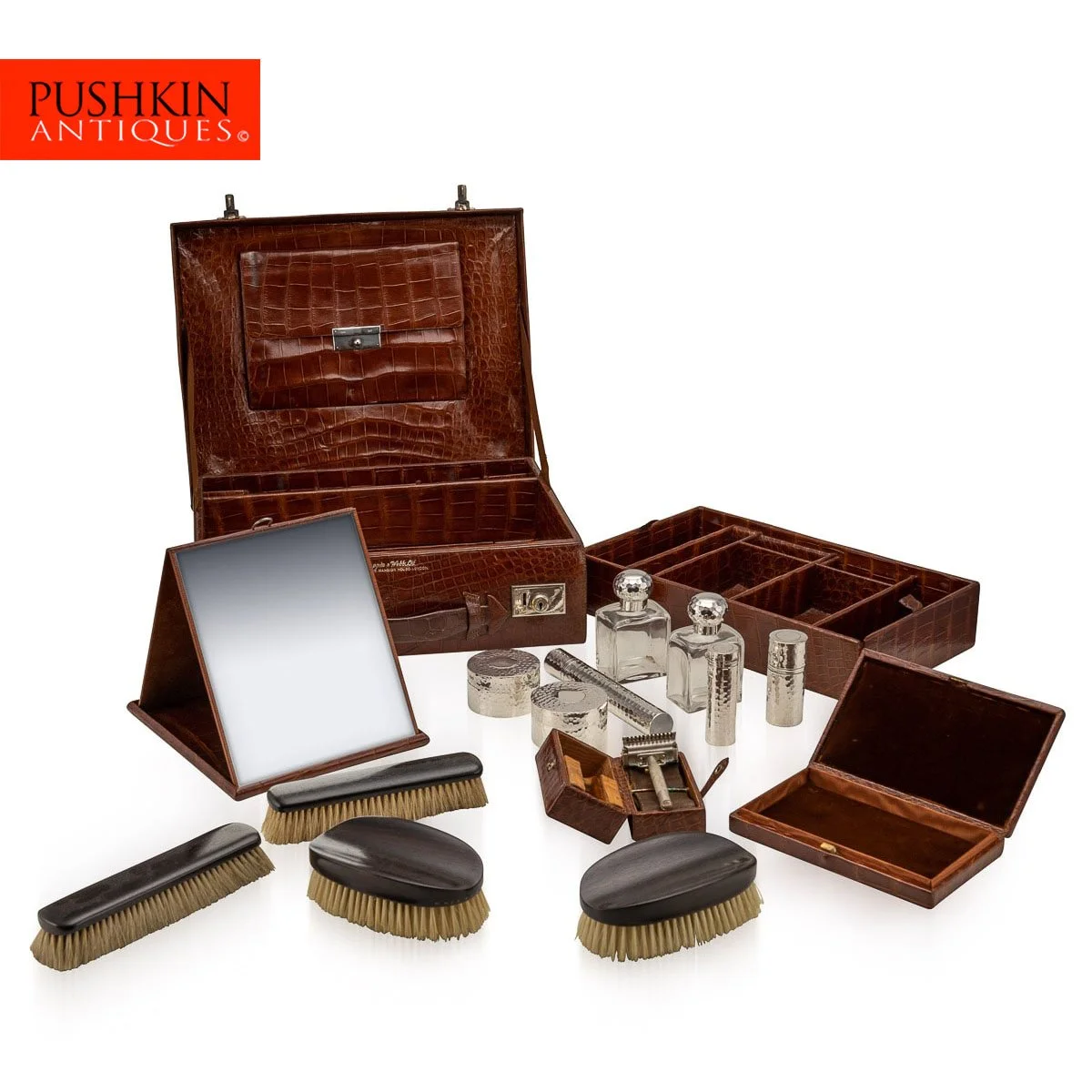 PUSHKIN ANTIQUES - ANTIQUE 20thC BRITISH MADE CROCODILE TRAVEL OVERNIGHT VANITY CASE c.1900 - 02.jpg