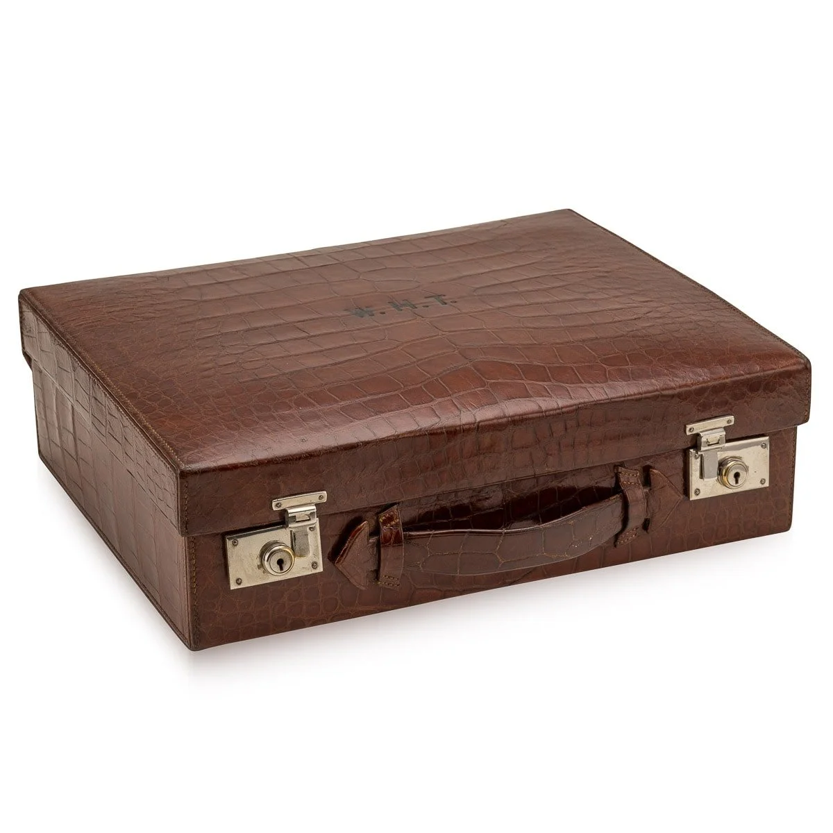 PUSHKIN ANTIQUES - ANTIQUE 20thC BRITISH MADE CROCODILE TRAVEL OVERNIGHT VANITY CASE c.1900 - 04.jpg