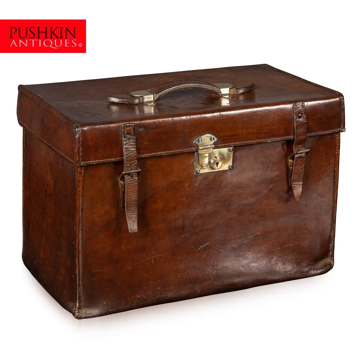 PUSHKIN ANTIQUES - ANTIQUE 20thC SMALL BRIDLE LEATHER HAT CASE c.1910 - 02.jpg