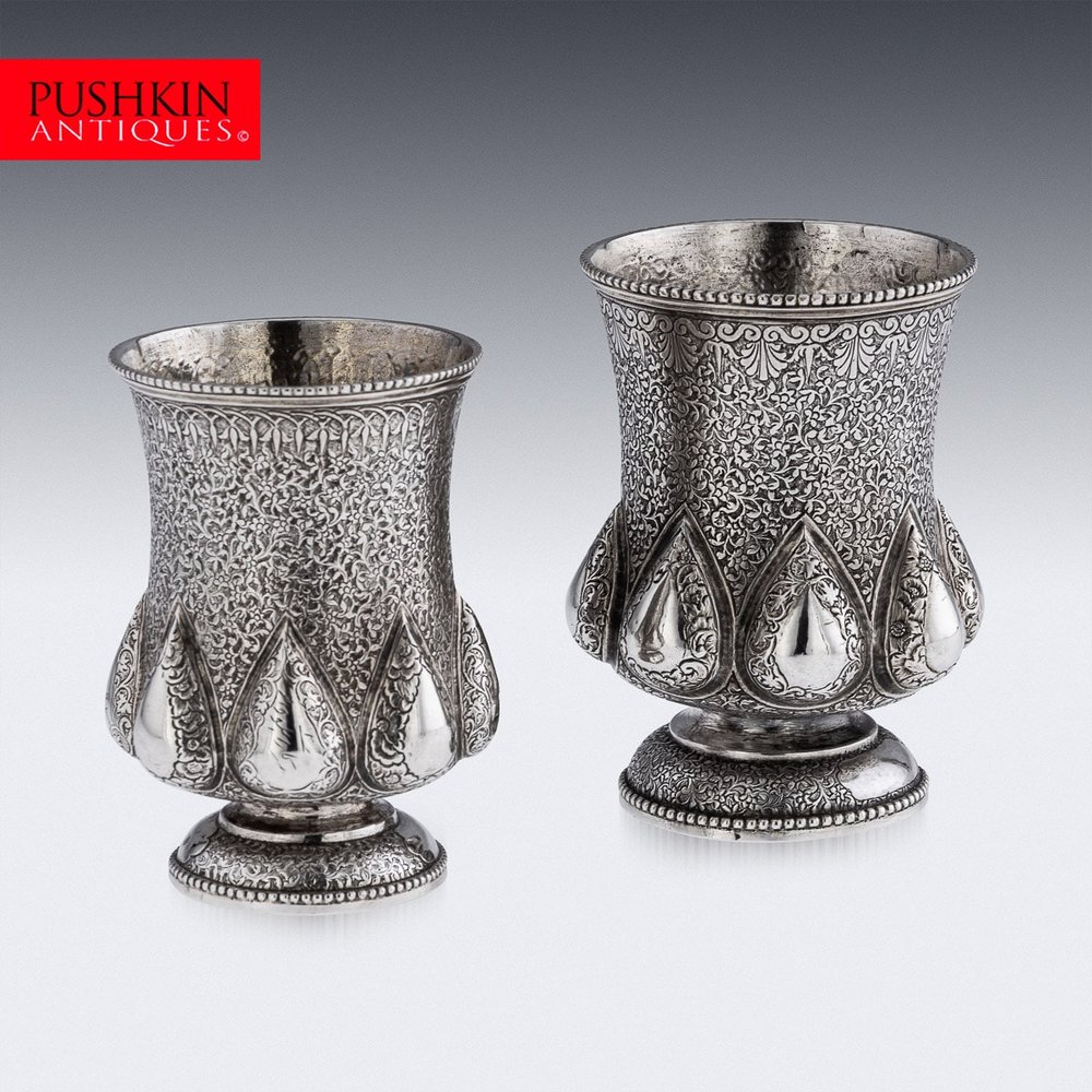 PUSHKIN ANTIQUES - ANTIQUE 19thC INDIAN SOLID SILVER CORIANDER PATTERN BEAKERS, LUCKNOW c.1860 - 02.jpg