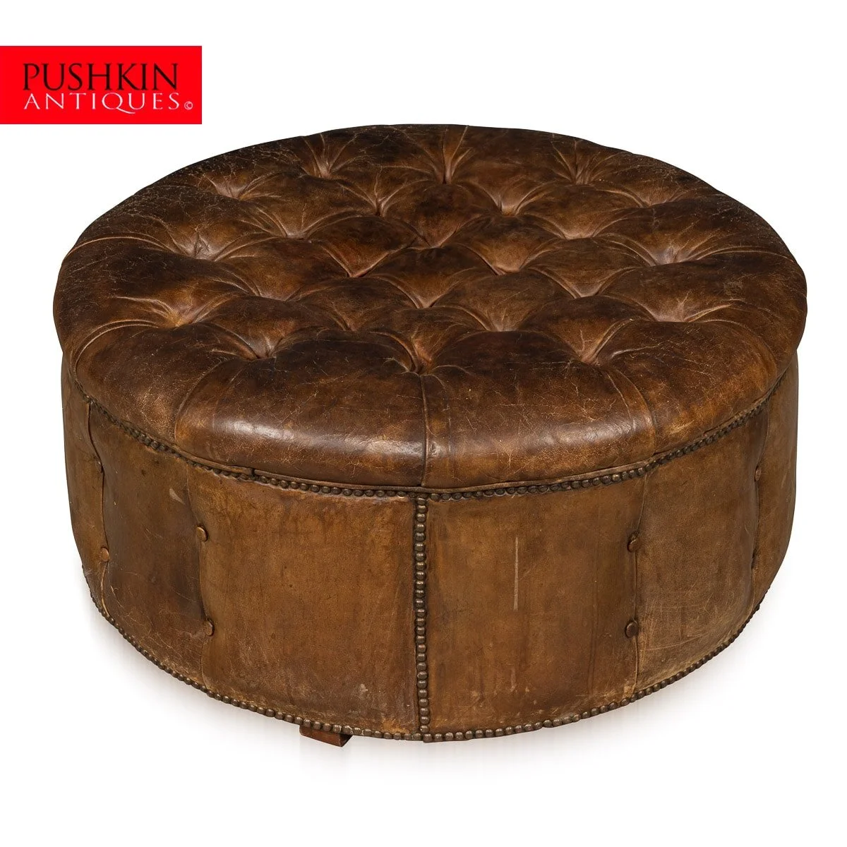 PUSHKIN ANTIQUES - A 20thC ENGLISH LARGE ROUND BROWN LEATHER BUTTON-BACK FOOTSTOOL - 02.jpg