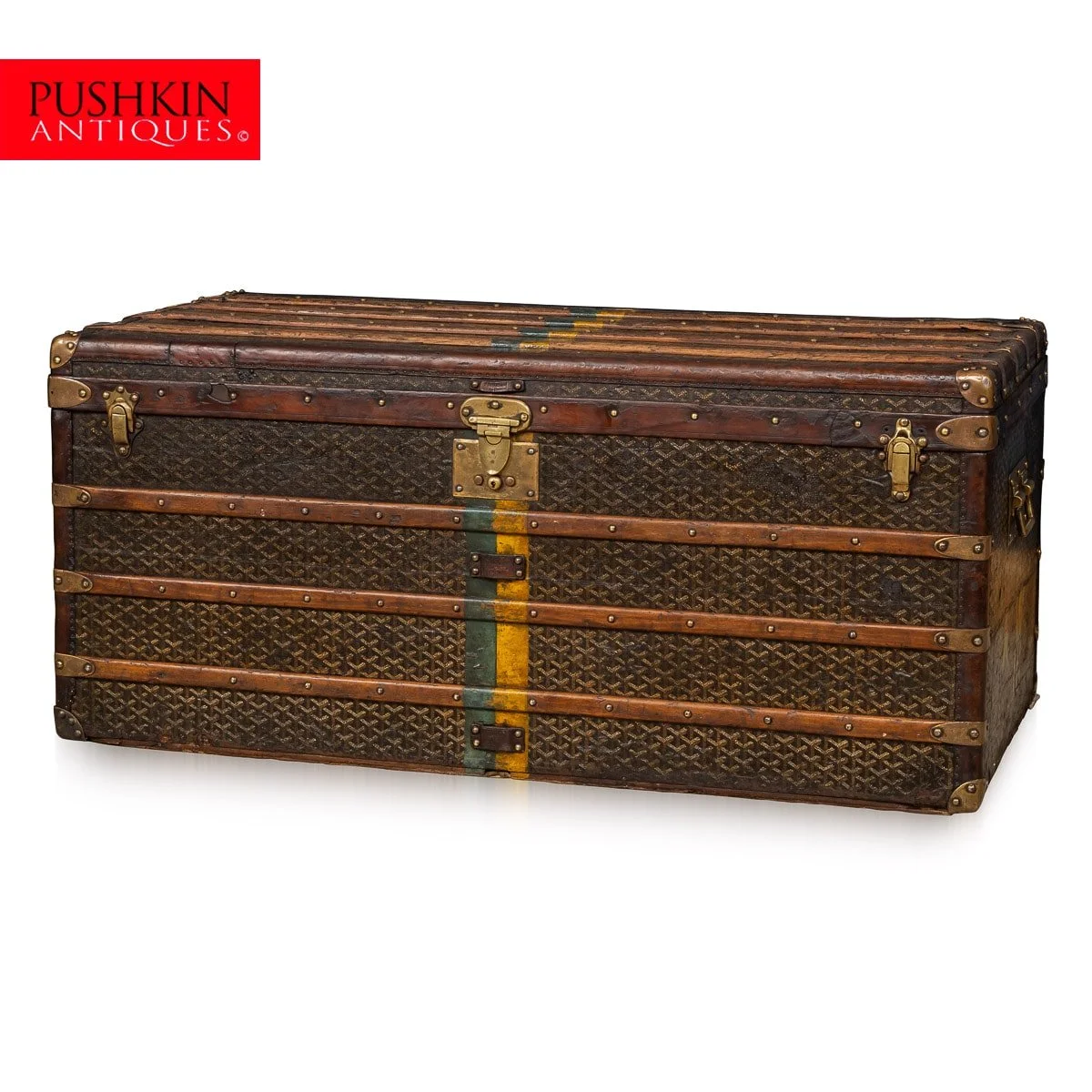 PUSHKIN ANTIQUES - A 20thC GOYARD COURIER TRUNK IN CHEVRON CANVAS, FRANCE c.1900 - 02.jpg
