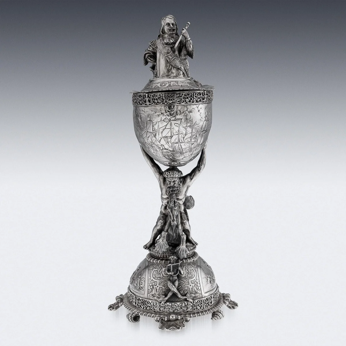PUSHKIN ANTIQUES - ANTIQUE 19thC DUTCH COMMEMORATIVE 'RAID ON MEDWAY' SOLID SILVER NAUTILUS c.1860 - 07.jpg