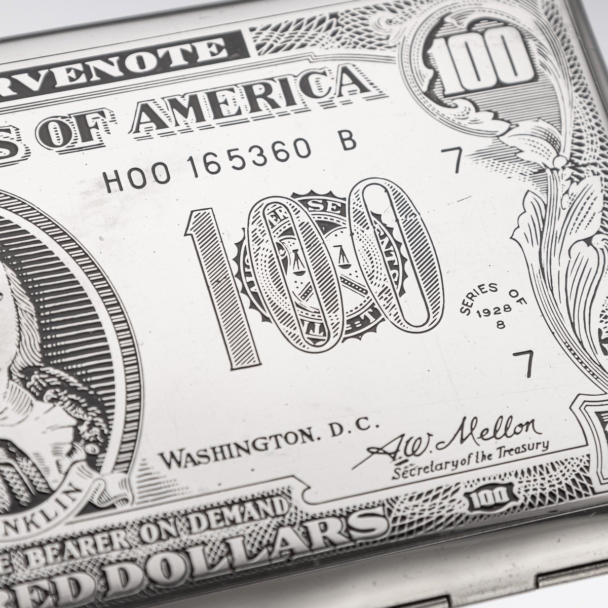 PUSHKINS.COM - J11197 - 20thC AMERICAN SILVER-PLATED CIGARETTE CASE & LIGHTER SHAPED AS A HUNDRED DOLLAR BILL - 25.jpg