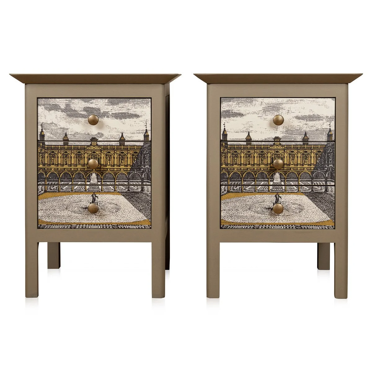 PAIR OF BEDSIDE DRAWERS DECORATED WITH 'PALLADIO' BY ZOFFANY WALLPAPER