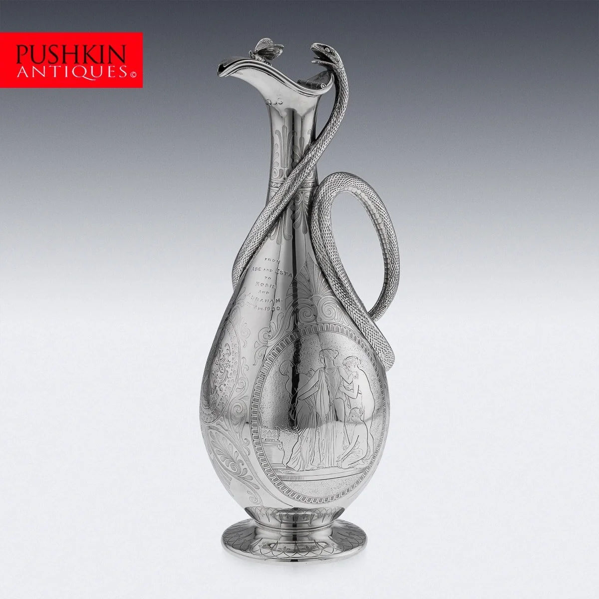 PUSHKIN ANTIQUES - ANTIQUE 19thC VICTORIAN SOLID SILVER SNAKE WINE JUG, BARNARDS c.1859 - 02.jpg