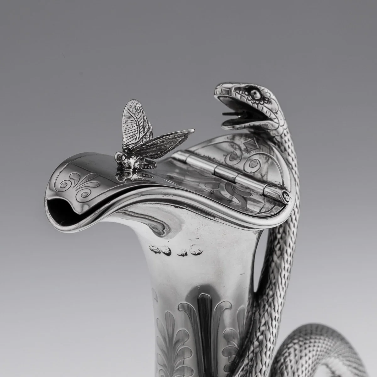 PUSHKIN ANTIQUES - ANTIQUE 19thC VICTORIAN SOLID SILVER SNAKE WINE JUG, BARNARDS c.1859 - 10.jpg