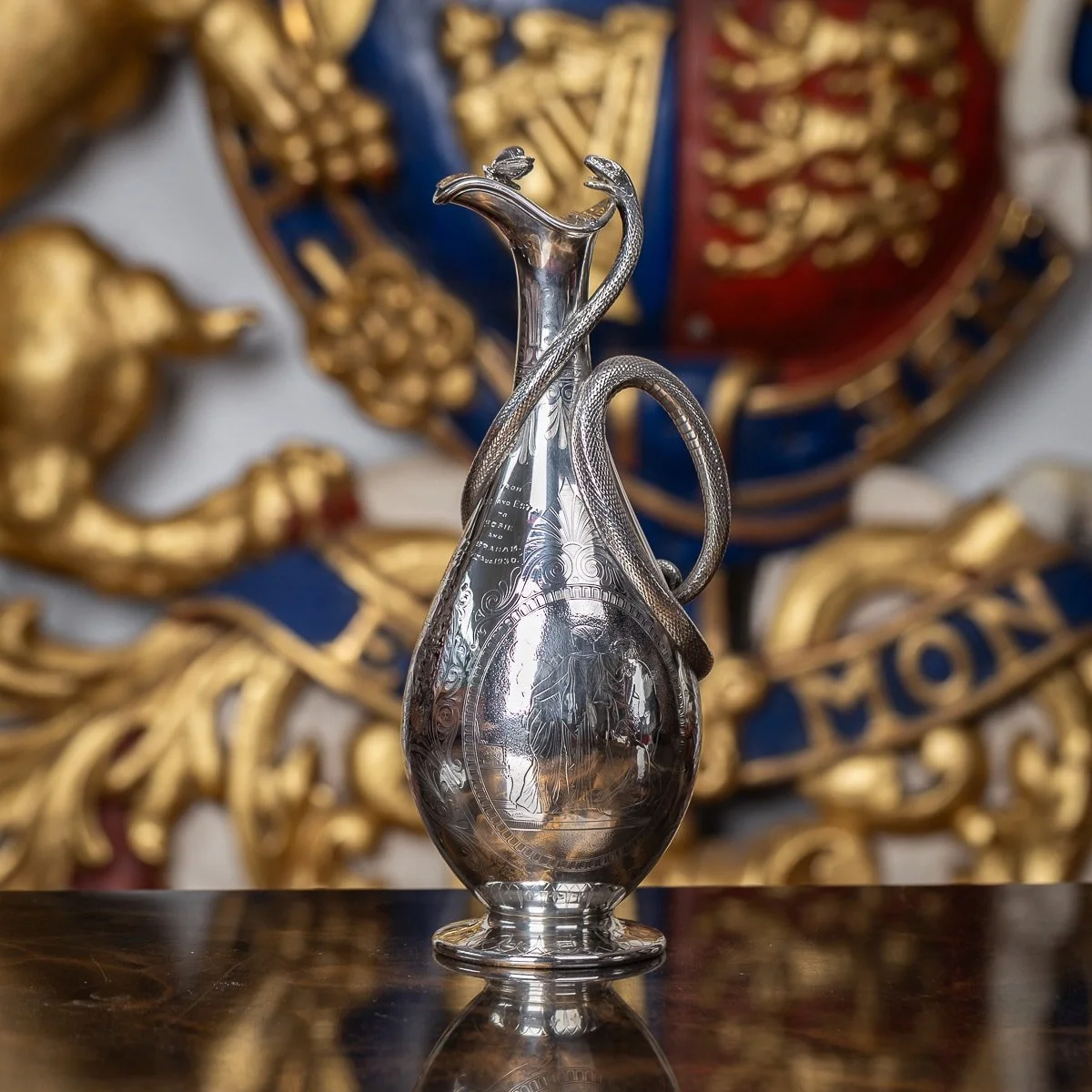 PUSHKIN ANTIQUES - ANTIQUE 19thC VICTORIAN SOLID SILVER SNAKE WINE JUG, BARNARDS c.1859 - 03.jpg