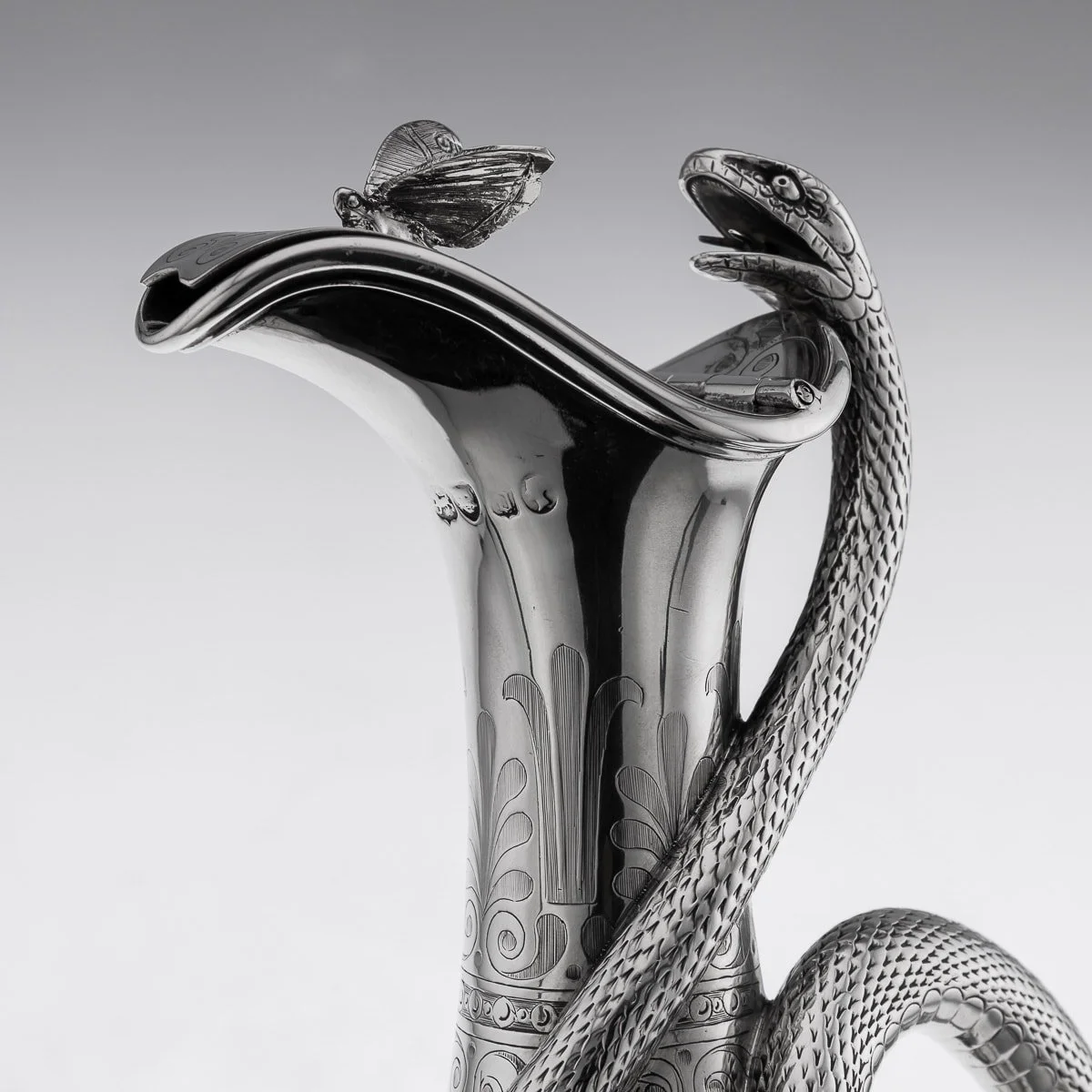 PUSHKIN ANTIQUES - ANTIQUE 19thC VICTORIAN SOLID SILVER SNAKE WINE JUG, BARNARDS c.1859 - 13.jpg