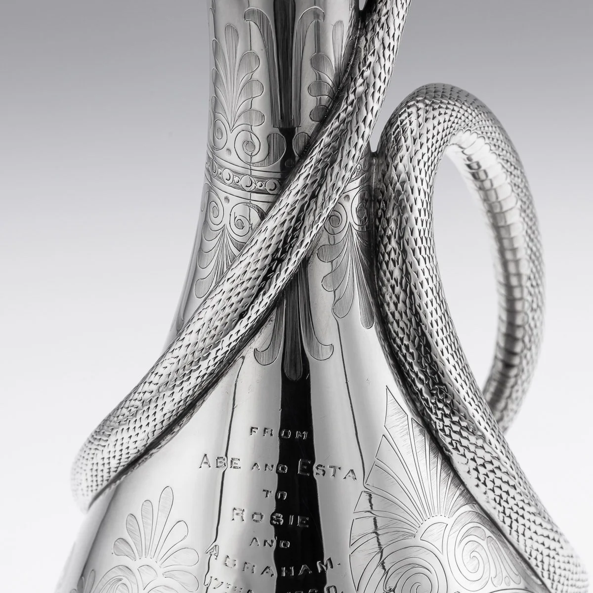 PUSHKIN ANTIQUES - ANTIQUE 19thC VICTORIAN SOLID SILVER SNAKE WINE JUG, BARNARDS c.1859 - 15.jpg