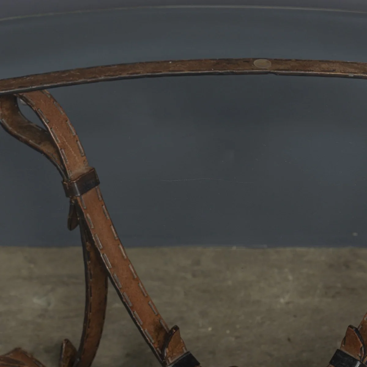 PUSHKIN ANTIQUES - COLD PAINTED WROUGHT IRON STRAP & STITCH, GLASS TOP COFFEE TABLE c.1980 - 08.jpg