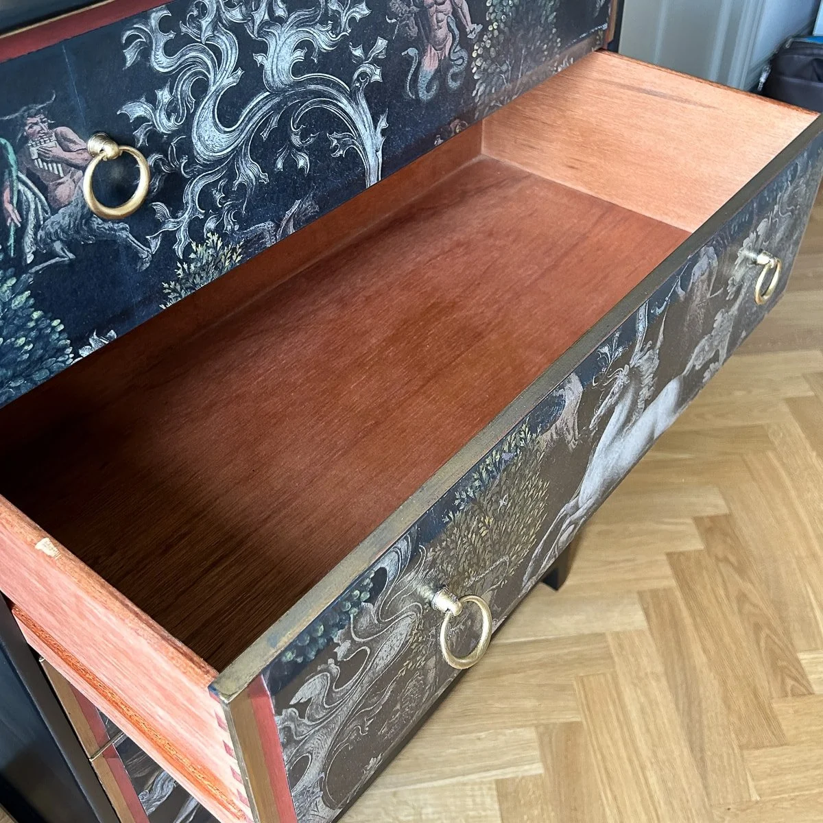 PUSHKIN ANTIQUES - VINTAGE 20thC HAND PAINTED STAG MINSTREL TALLBOY CABINET %22IMAGINARIUM%22 c.1960 - 13.jpg