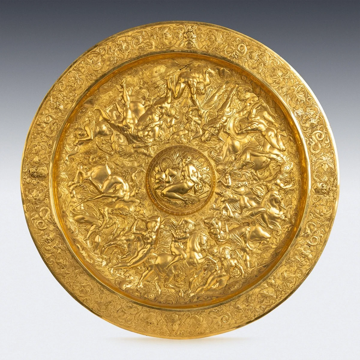 PUSHKIN ANTIQUES - ANTIQUE 19thC VICTORIAN PAIR OF GILT METAL REPOUSSE WALL CHARGERS c.1870 - 03.jpg