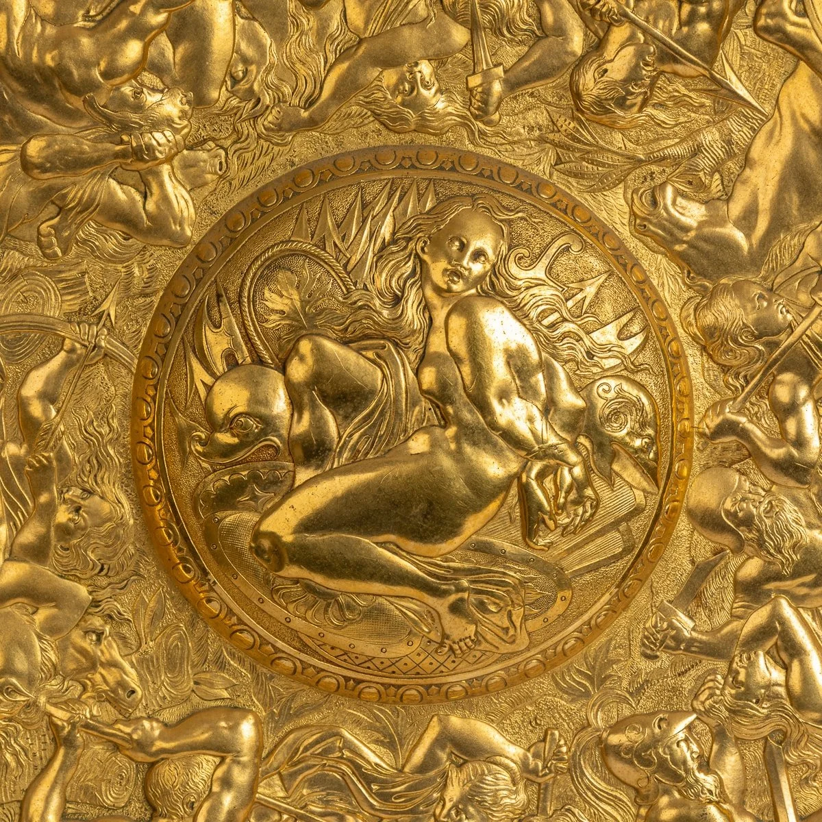 PUSHKIN ANTIQUES - ANTIQUE 19thC VICTORIAN PAIR OF GILT METAL REPOUSSE WALL CHARGERS c.1870 - 05.jpg