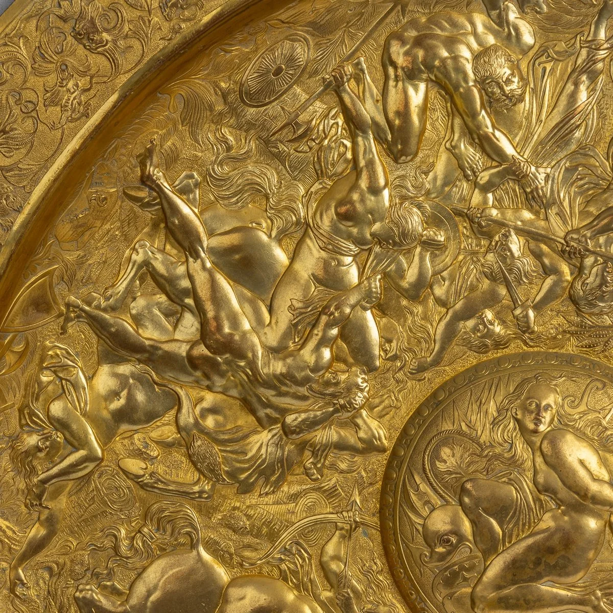 PUSHKIN ANTIQUES - ANTIQUE 19thC VICTORIAN PAIR OF GILT METAL REPOUSSE WALL CHARGERS c.1870 - 29.jpg