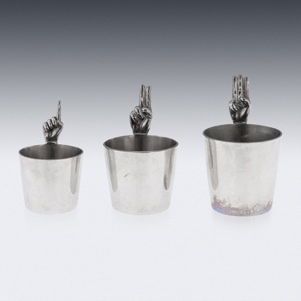 PUSHKINS - 20thC NOVELTY SILVER PLATED SET OF THREE SHOT MEASURES BY JAMES DIXON & SONS - 3.jpg
