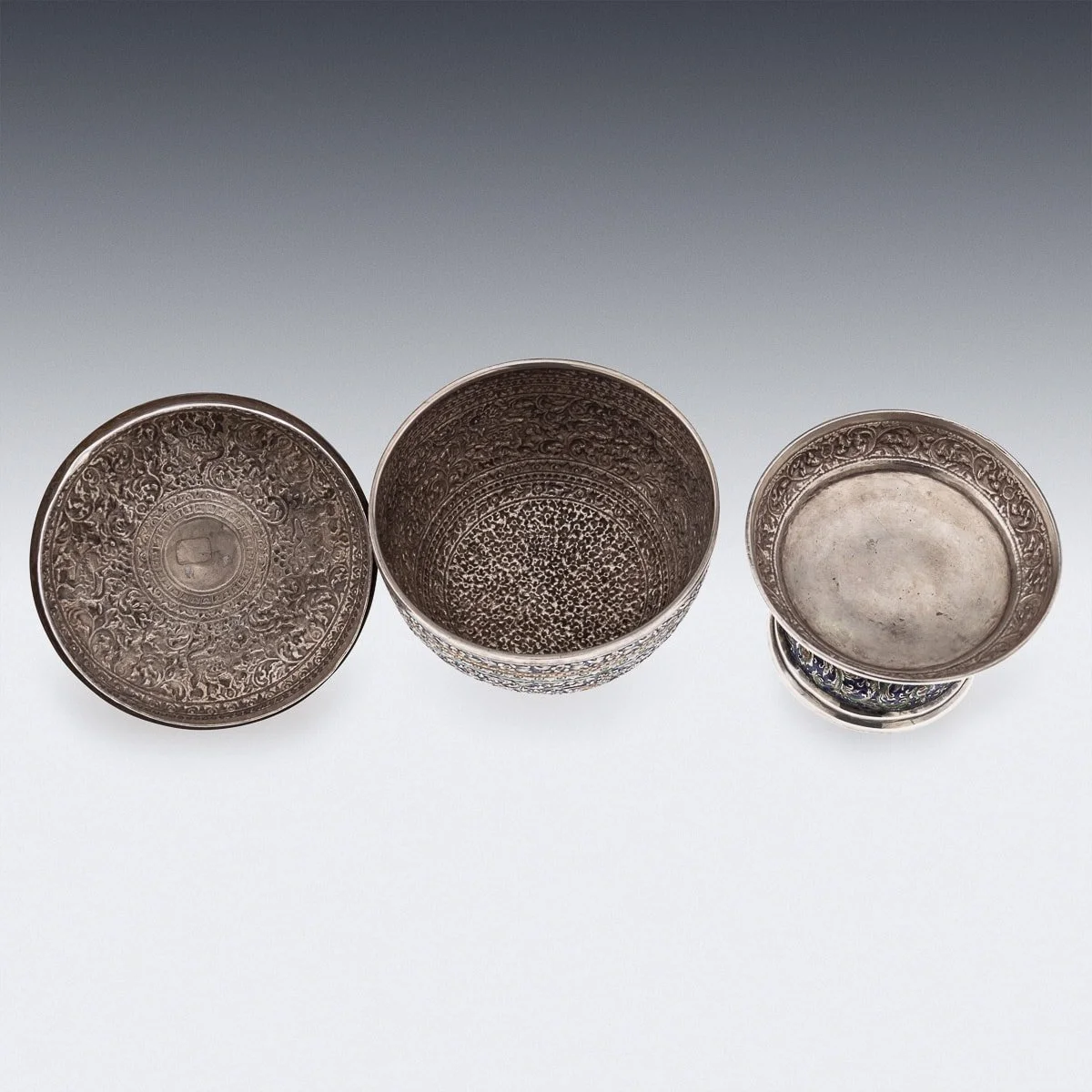 PUSHKIN'S - ANTIQUE 19thC THAI SOLID SILVER & ENAMEL COVERED BOWL & STAND c.1880 - 6.jpg