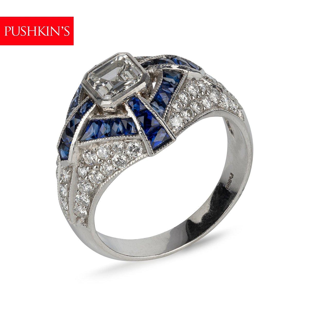PUSHKIN'S - SQUARE-CUT DIAMOND & SAPPHIRE PLATINUM RING, TOTAL 1.20ct - 1.jpg