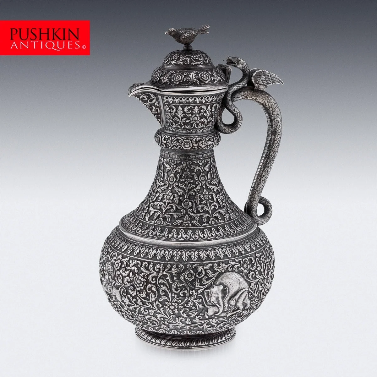 PUSHKINS.COM - A10291 - ANTIQUE 19thC INDIAN KUTCH SOLID SILVER WATER EWER, OOMERSI MAWJI, BHUJ c.1880 - 02.jpg (Copy)