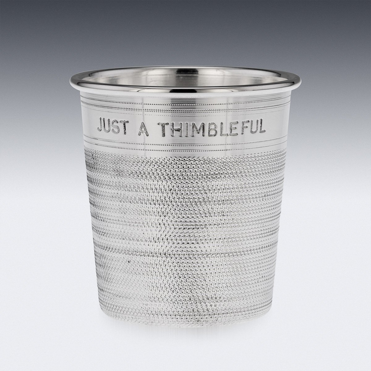 PUSHKINS.COM - A8855 - PAIR OF MID 20thC ENGLISH SILVER PLATED 'JUST A THIMBLEFUL' BEAKERS c.1950 - 03.jpg