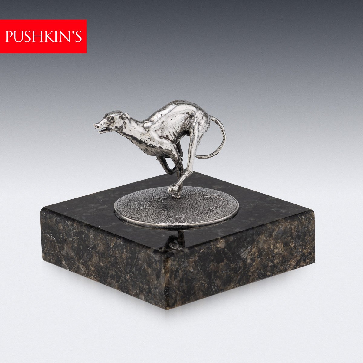 VINTAGE 20thC ENGLISH SOLID SILVER GREYHOUND STATUE ON GRANITE BASE c.1994