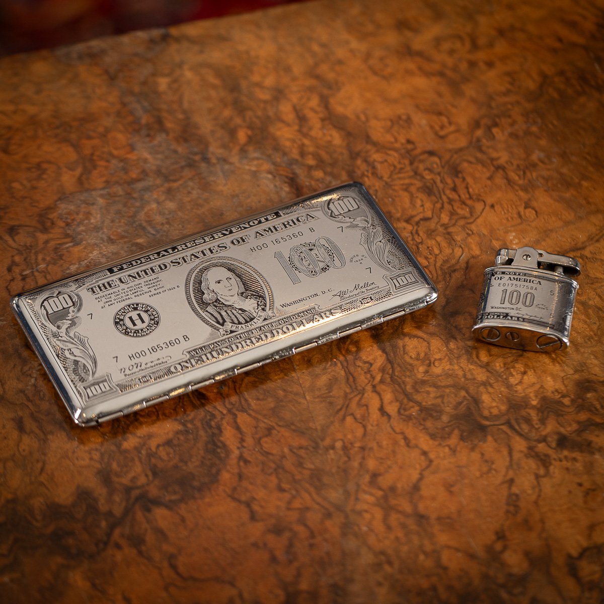PUSHKINS.COM - J11197 - 20thC AMERICAN SILVER-PLATED CIGARETTE CASE & LIGHTER SHAPED AS A HUNDRED DOLLAR BILL - 03.jpg