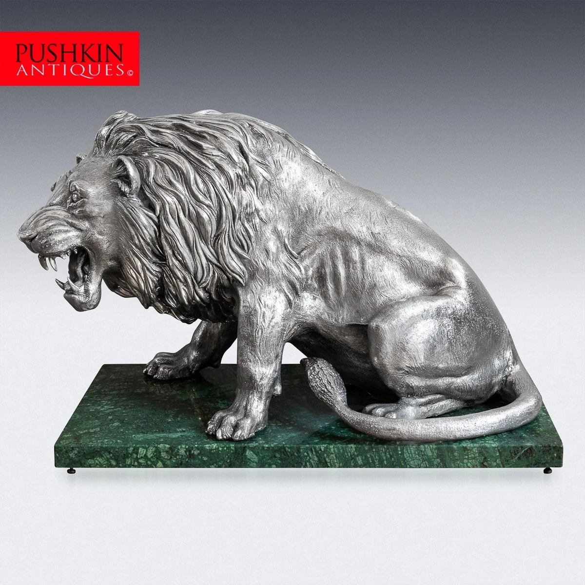 PUSHKIN ANTIQUES - STUNNING 20thC ITALIAN SOLID SILVER STATUE OF A LION ON MARBLE BASE c.1970 - 02.jpg
