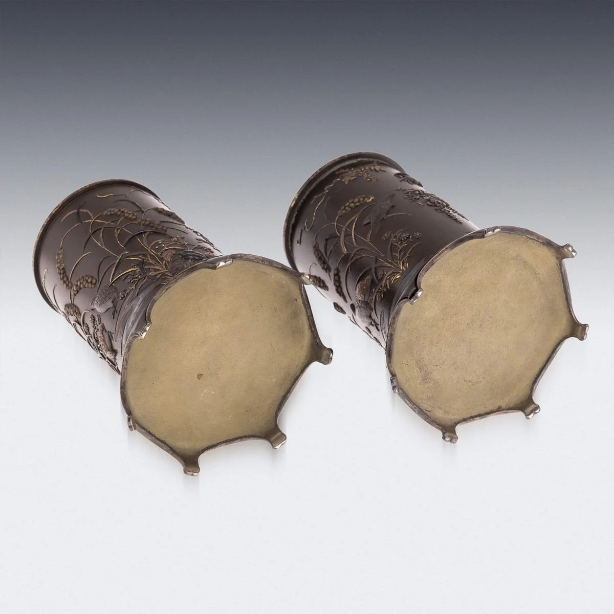 PUSHKINS.COM - G11934 - ANTIQUE 19thC JAPANESE MEIJI PERIOD PAIR OF INLAID BRONZE CYLINDRICAL BRUSHPOTS - 10.jpg