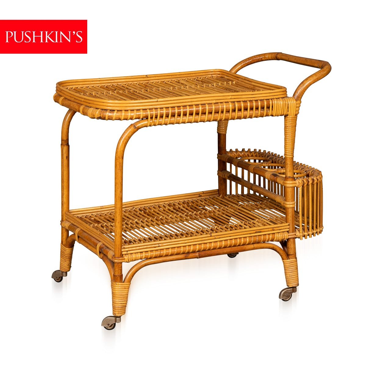 PUSHKINS.COM - B11868 - VINTAGE 20thC ITALIAN RATTAN & BAMBOO DRINKS TROLLEY c.1960 - 02.jpg