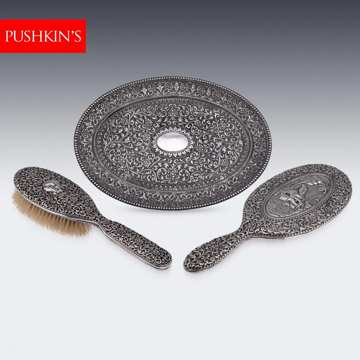 ANTIQUE 19thC INDIAN KUTCH SOLID SILVER DRESSING TABLE SET, MAWJI RAGHAVJI, BHUJ c.1890
