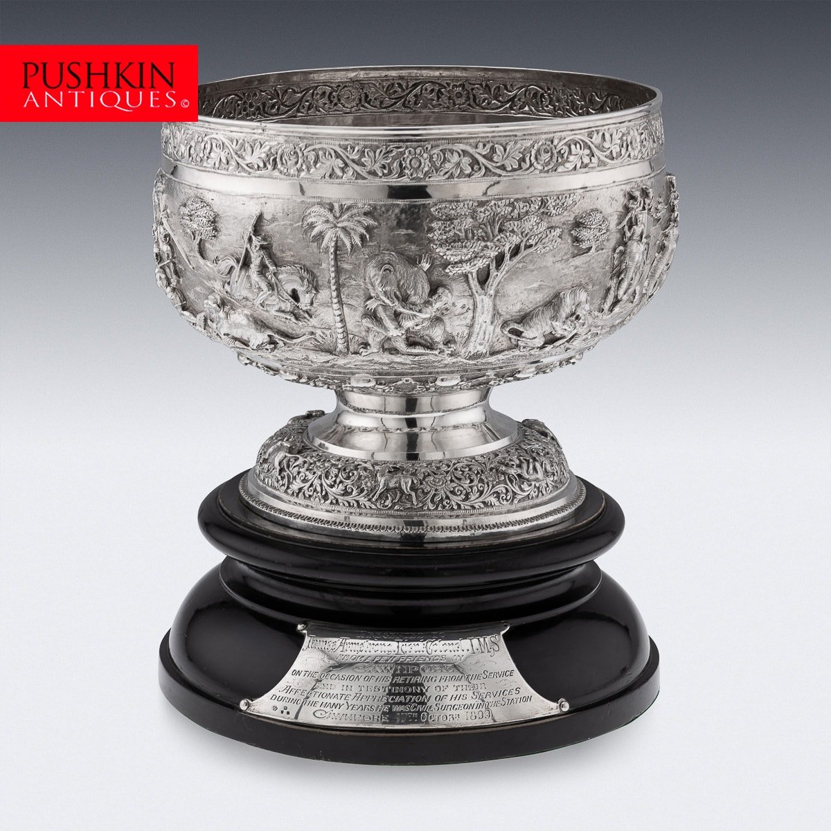 PUSHKIN'S - ANTIQUE 20thC INDIAN SOLID SILVER DECORATIVE BOWL ON STAND, POONA c.1900 - 1.jpg