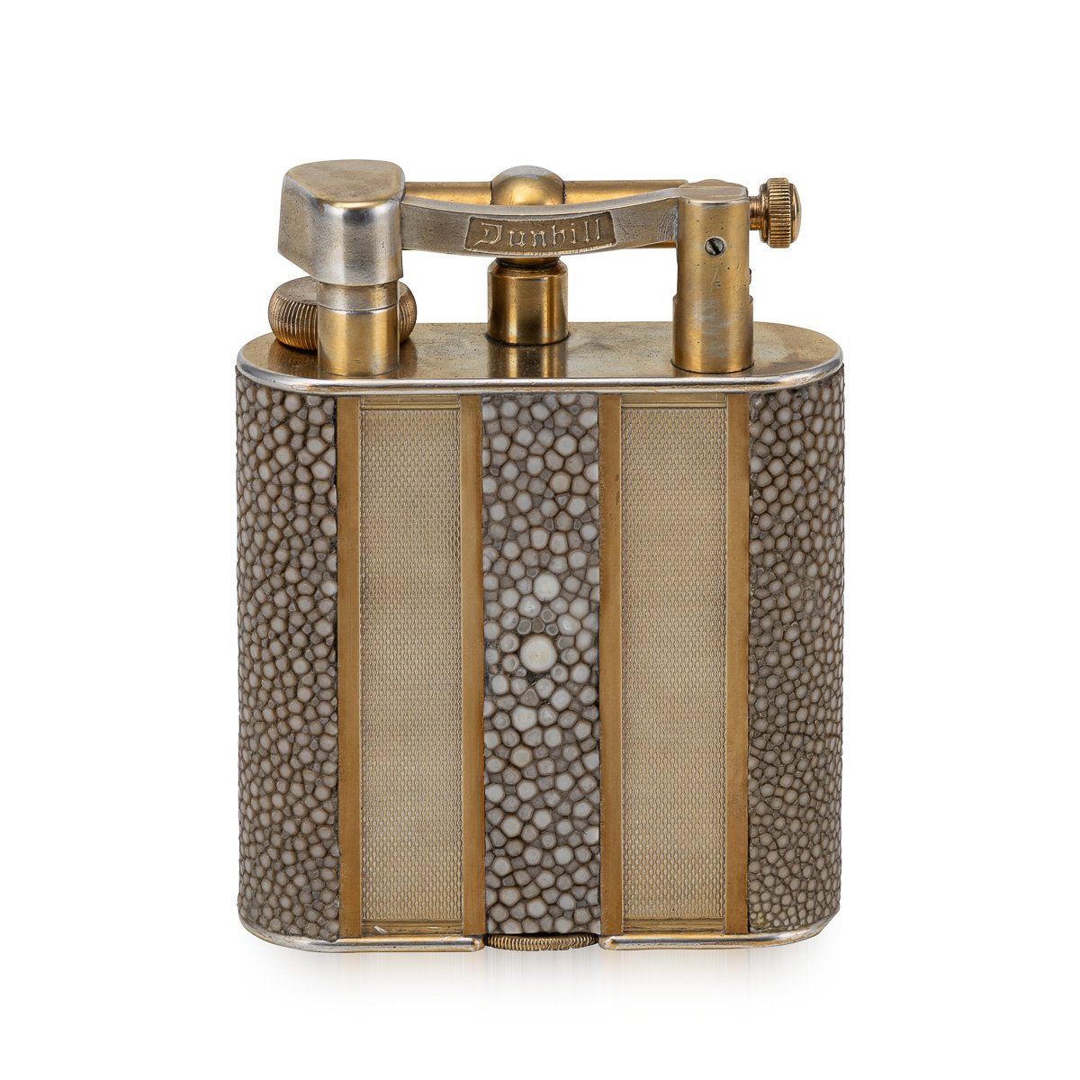 PUSHKINS.COM - D11365 - 20thC SHAGREEN & GOLD ENGINE TURNED PANELLED DUNHILL TABLE LIGHTER c.1950 - 04.jpg