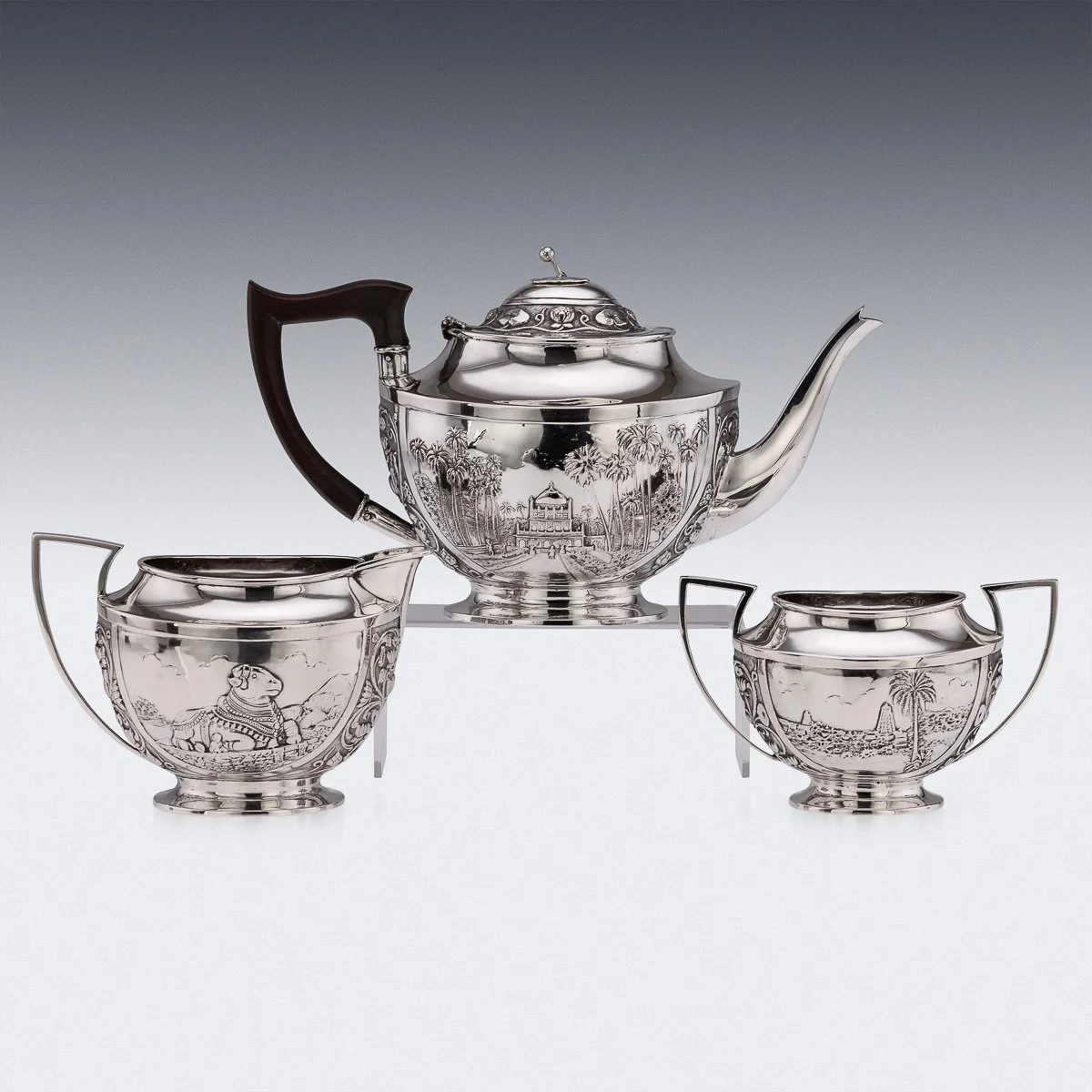 PUSHKINS.COM - A11065 - ANTIQUE 19thC INDIAN STYLE THREE PIECE SOLID SILVER TEA SET, REED & BARTON c1900 - 05.jpg