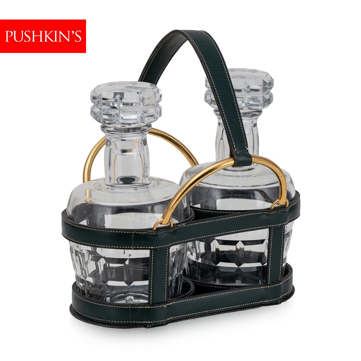 PUSHKINS.COM - D11154 - 20thC FRENCH PAIR OF BACCARAT DECANTERS & HERMES LEATHER BASKET BY JACQUES ADNET - 02.jpg
