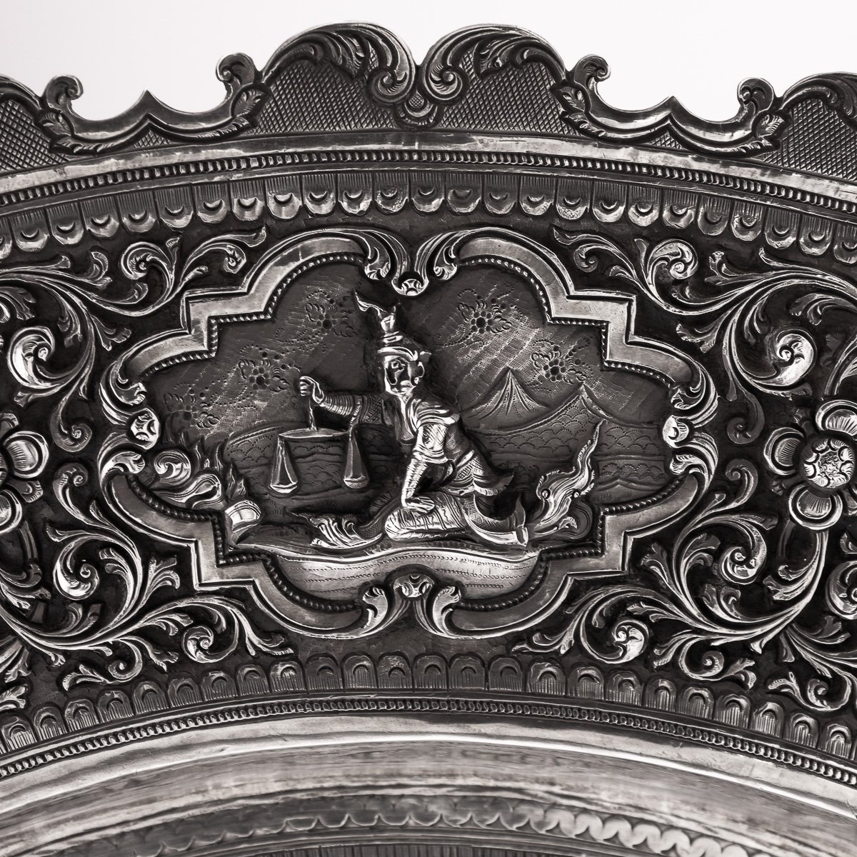PUSHKINS.COM - A00021 - ANTIQUE 20thC BURMESE SOLID SILVER MYTHOLOGICAL ZODIAC REPOUSSÉ SALVER c.1900 - 23.jpg
