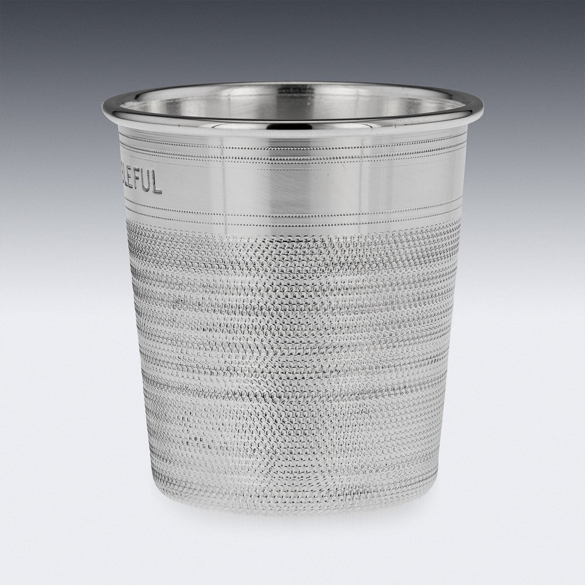 PUSHKINS.COM - A8855 - PAIR OF MID 20thC ENGLISH SILVER PLATED 'JUST A THIMBLEFUL' BEAKERS c.1950 - 04.jpg