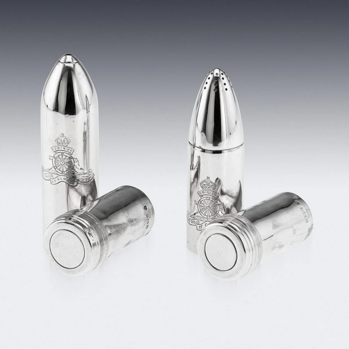 PUSHKINS.COM - A00041 - ANTIQUE 20thC ENGLISH REGIMENTAL SOLID SILVER WWI ARTILLERY SALT & PEPPER SHAKERS, ROYAL ARTILLERY c.1918 - 09.jpg