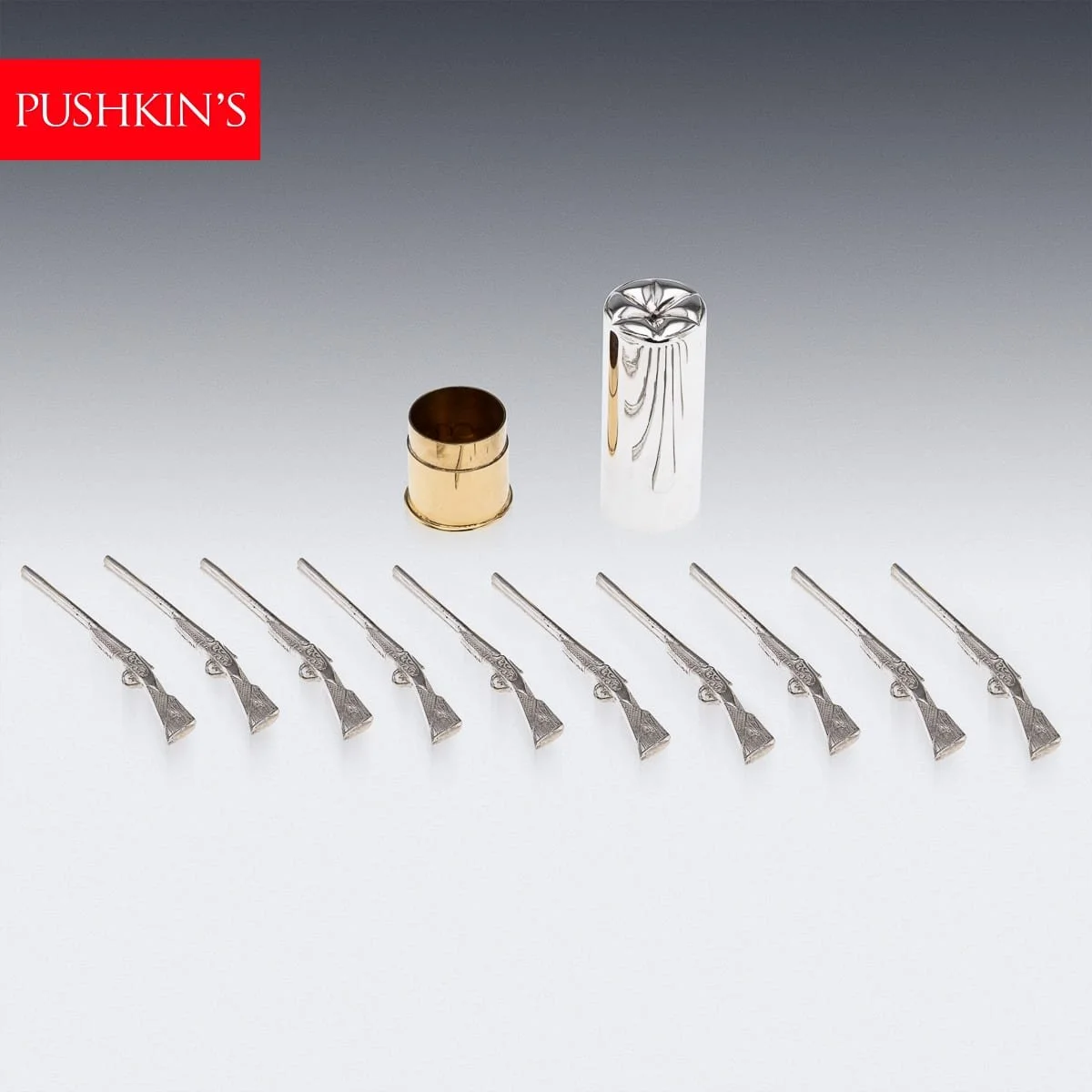 PUSHKINS.COM - C11441 - 21stC ENGLISH NOVELTY SET OF 10 SHOTGUN SHAPED SOLID SILVER BUTT MARKERS IN CASE - 02.jpg