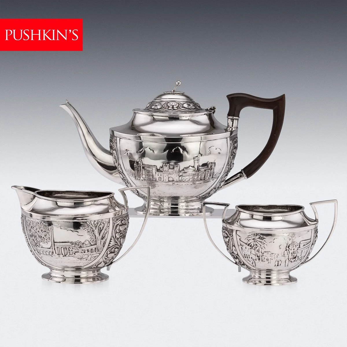 PUSHKINS.COM - A11065 - ANTIQUE 19thC INDIAN STYLE THREE PIECE SOLID SILVER TEA SET, REED & BARTON c1900 - 02.jpg