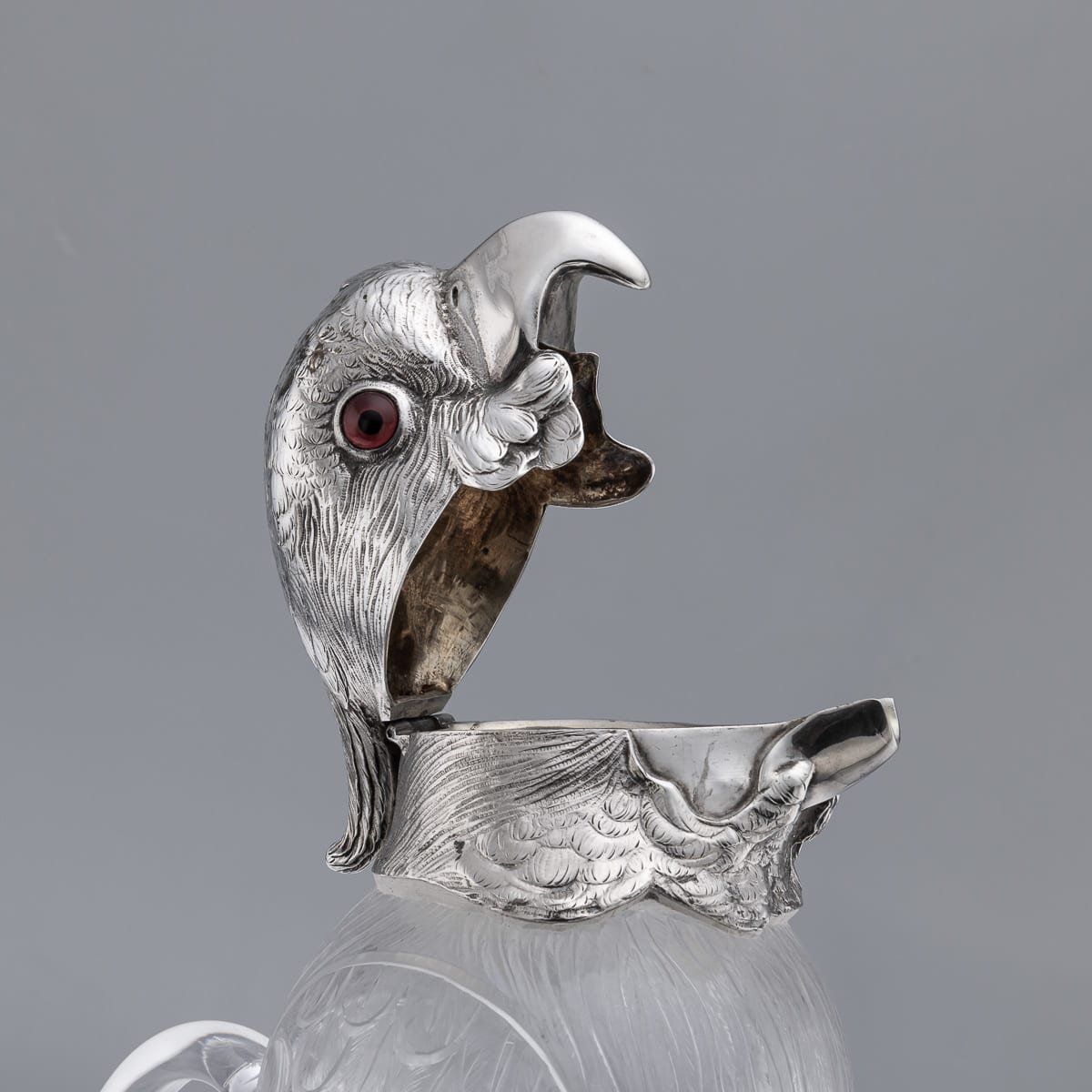 PUSHKINS.COM - A9988 - ANTIQUE 19thC VICTORIAN COCKATOO SOLID SILVER & GLASS CLARET JUG, LONDON c.1880 - 11.jpg