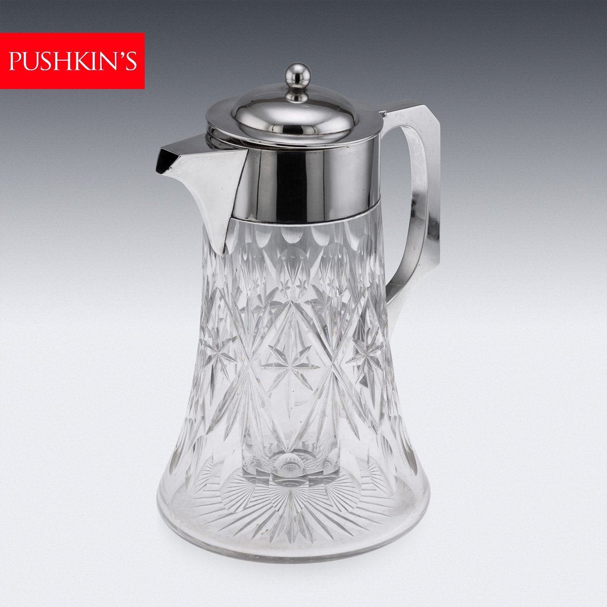 PUSHKINS.COM - A00137 - ANTIQUE 20thC ENGLISH SOLID SILVER & CUT GLASS LARGE CLARET JUG, LONDON c.1906 - 02.jpg