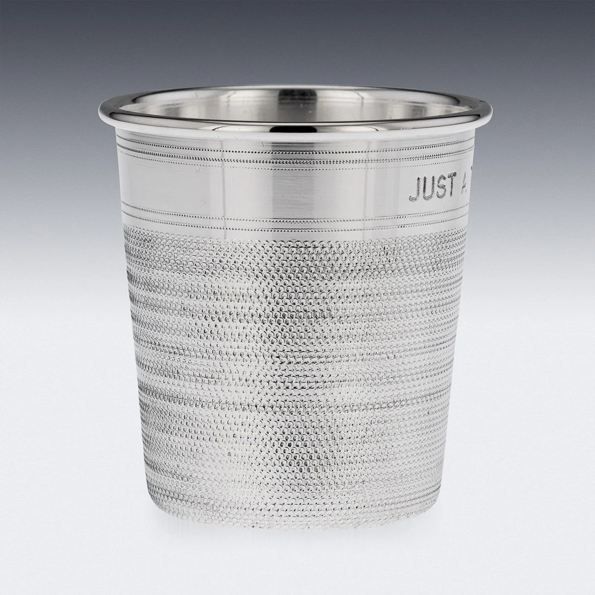 PUSHKINS.COM - A8855 - PAIR OF MID 20thC ENGLISH SILVER PLATED 'JUST A THIMBLEFUL' BEAKERS c.1950 - 06.jpg