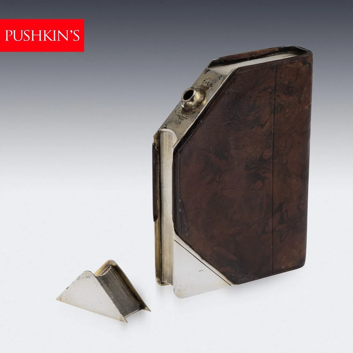 PUSHKINS.COM - J11730 - 20thC NOVELTY SILVER PLATE & LEATHER BOOK SHAPED HIP FLASK BY J DIXON & SONS - 02.jpg