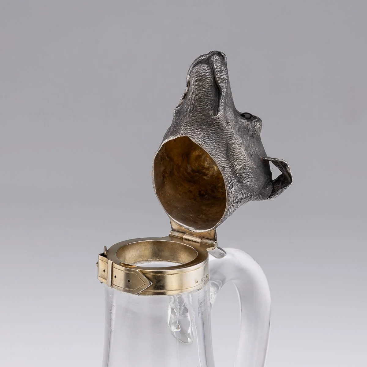 PUSHKINS.COM - J11562 - ANTIQUE 19thC VICTORIAN SOLID SILVER & CLEAR GLASS NOVELTY DOG CLARET JUG c.1884 - 12.jpg