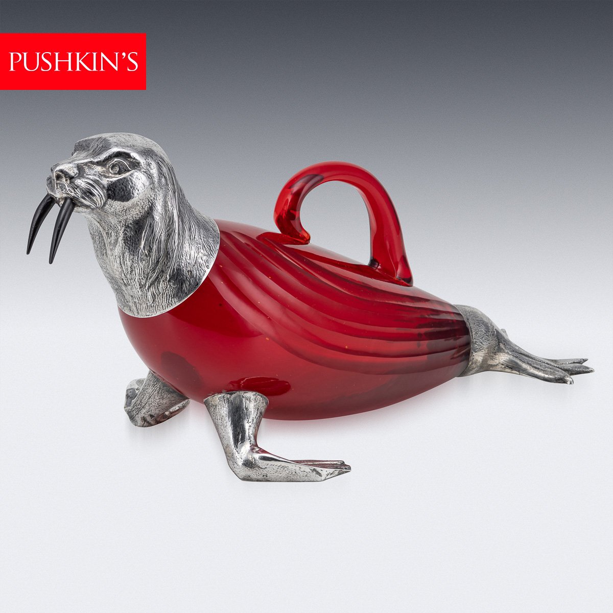 PUSHKINS.COM - D11370 - VINTAGE 20thC GERMAN SOLID SILVER MOUNTED NOVELTY WALRUS CLARET JUG c.1960 - 02.jpg