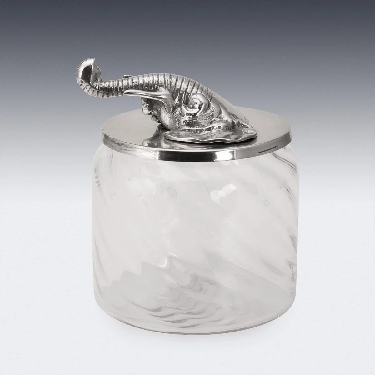 PUSHKINS.COM - Z12145 - VINTAGE 20thC ITALIAN SILVER PLATED ELEPHANT MOUNTED GLASS JAR c.1960 - 04.jpg